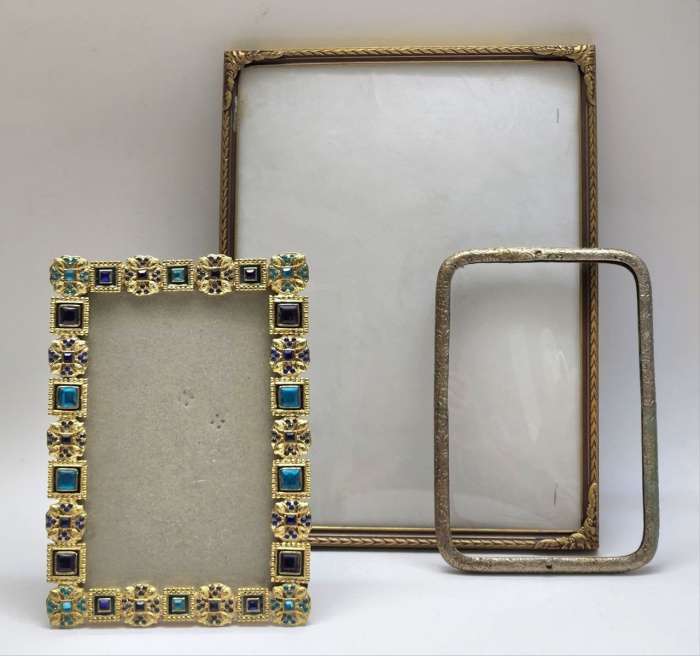 Рамки для фото картин металл 3 штуки золотая с голубыми синими камнями брнзовая и разборная