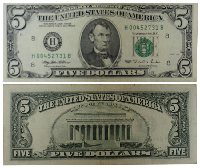 () Банкнота США 1995 год 5  &quot;&quot;   VF