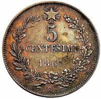 (№1861km3.1) Монета Италия 1861 год 5 Centesimi (Б)