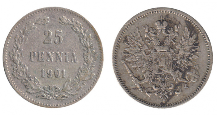(1901, L) Монета Финляндия 1901 год 25 пенни   Серебро Ag 750  VF