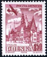 (1954-025) Марка Польша "Ратуша в Вроцлаве"   Самолет над памятниками архитектуры II O