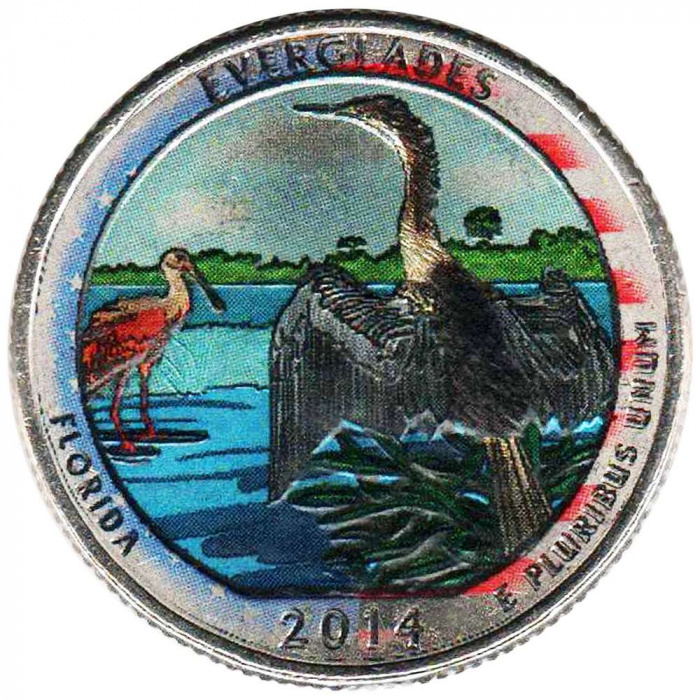 (025p) Монета США 2014 год 25 центов &quot;Эверглейдс&quot;  Вариант №2 Медь-Никель  COLOR. Цветная