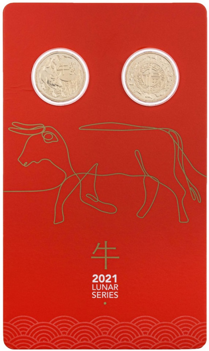 (2021, 2 монеты по 1$) Набор монет Австралия 2021 год &quot;Год быка&quot;  Буклет