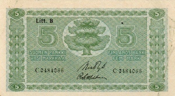 (1922 Litt B) Банкнота Финляндия 1922 год 5 марок    UNC