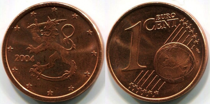 (2004) Монета Финляндия 2004 год 1 евроцент  1-й тип образца 1999-2006 с буквой М Бронза  UNC