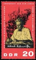 (1965-002) Марка Германия (ГДР) "Альберт Швейцер"  красная  90 лет рождения II O