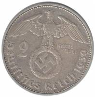 (1936) Монета Германия (Рейх) 1939 год 2 марки "Пауль Гинденбург"  Свастика Серебро Ag 900  XF