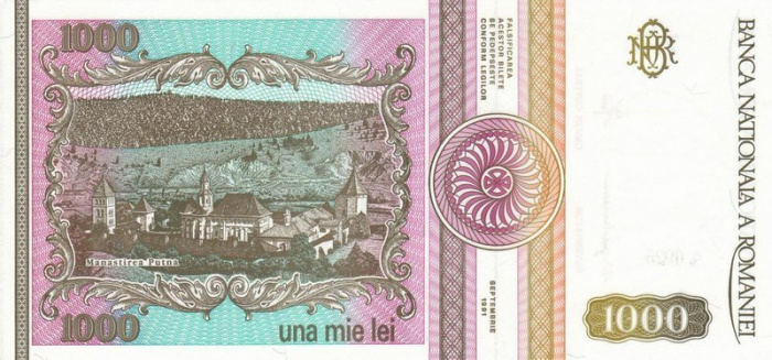 (,) Банкнота Румыния 1991 год 1 000 лей &quot;Михаил Эминеску&quot;   UNC