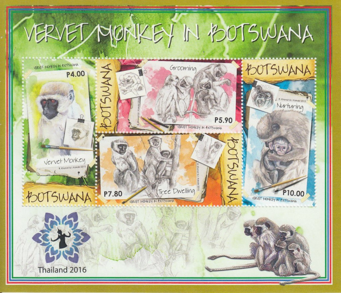 Блок марок Ботсвана 2016 год &quot;Зеленых обезьяна, Chlorocebus pygerythrus Таиланд 03916&quot;, Гашеный