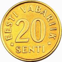 1992 Монета Эстония 1992 год 20 центов  Бронза  XF