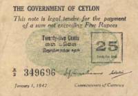 (№1942P-40) Банкнота Цейлон (Шри-Ланка) 1942 год "25 Cents"