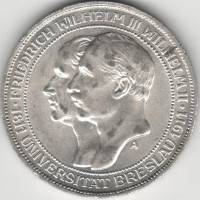 1911A Монета Германия 3 марки Университет Бреслау 100 лет  Серебро Ag 900  VF