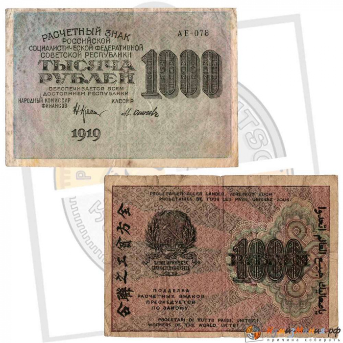 (Осипов М.И.) Банкнота РСФСР 1919 год 1 000 рублей  Крестинский Н.Н. ВЗ Теневые Звёзды F
