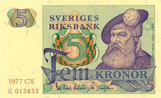 (,) Банкнота Швеция 1977 год 5 крон &quot;Густав I Васа&quot;   UNC
