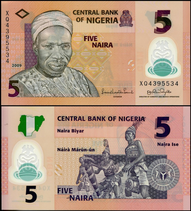 (2011) Банкнота Нигерия 2009 год 5 найра &quot;Абубакар Тафава Балева&quot; Пластик  UNC