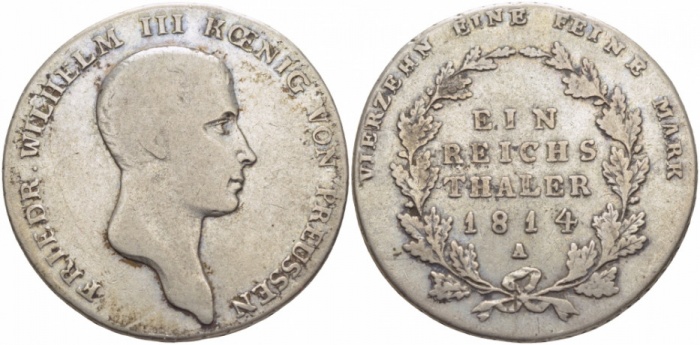 (1814A) Монета Германия (Пруссия) 1814 год 1 талер &quot;Фридрих Вильгельм III&quot;  Серебро Ag 750  VF