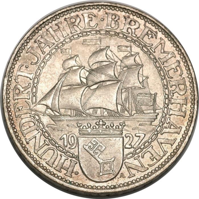 (1927a) Монета Германия (Веймар) 1927 год 3 марки   Бремерхафен. 100 лет Серебро Ag 500  XF