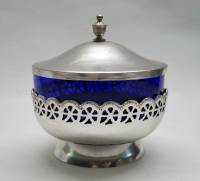 Сахарница конфетница ваза с крышкой синее цветное стекло алюминий металл СССР винтаж 1980-е