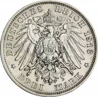 (,) Монета Германия (Саксония) 1913 год 3 марки "Фридрих Август"  Серебро Ag 900  UNC