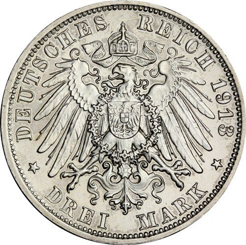 (,) Монета Германия (Саксония) 1913 год 3 марки &quot;Фридрих Август&quot;  Серебро Ag 900  UNC