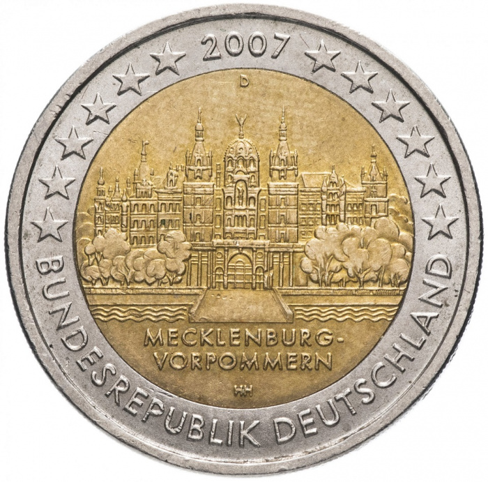 (002) Монета Германия (ФРГ) 2007 год 2 евро &quot;Мекленбург&quot; Двор D Биметалл  VF