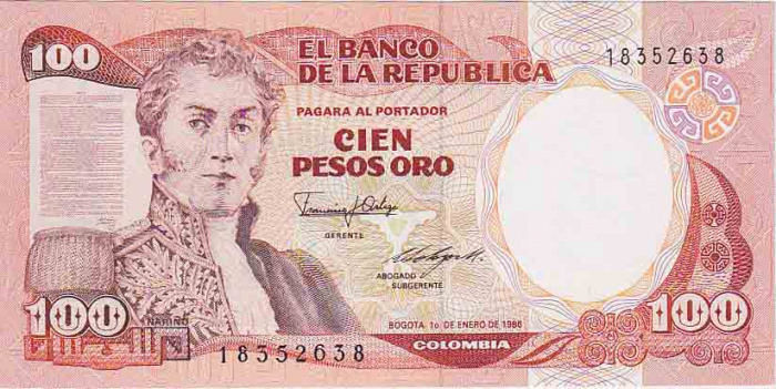 (1986) Банкнота Колумбия 1986 год 100 песо &quot;Антонио Нариньо&quot;   UNC