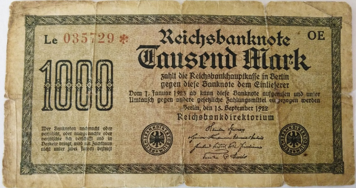 (1922) Банкнота Германия 1922 год 1 000 марок &quot;Вод знак Лабиринт&quot; 3-й выпуск  F