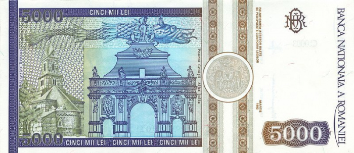 (,) Банкнота Румыния 1992 год 5 000 лей &quot;Аврам Янку&quot;   UNC