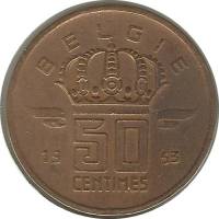 (№1952km145) Монета Бельгия 1952 год 50 Centimes (Фламандские легенды - большая голова)