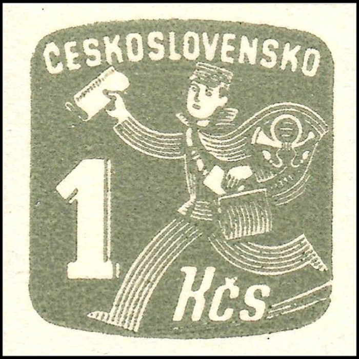 (1945-075) Марка Чехословакия &quot;Почтальон (Серо-оливковвая)&quot; ,  III O