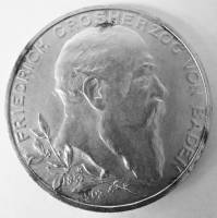 1902 Монета Германия Баден 1902 год 5 марок Фридрих I 50 лет правления  Серебро Ag 900  XF