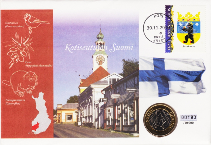 (007) Монета Финляндия 2010 год 5 евро &quot;Сатакунта&quot; 2. Диаметр 27,25 мм Биметалл  Буклет с маркой