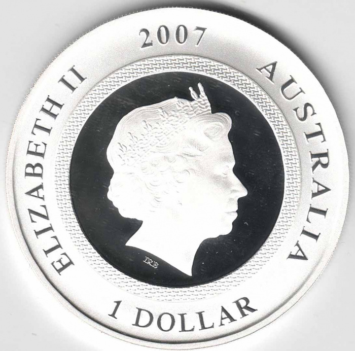 Монета Австралия 1 доллар 2007 год &quot;Год Свиньи&quot; Цветная с голограммой, PROOF, AU, В коробке