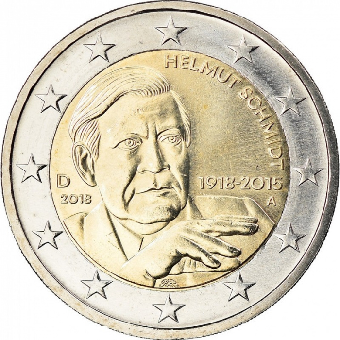 (019) Монета Германия (ФРГ) 2018 год 2 евро &quot;Гельмут Шмидт&quot; Двор A Биметалл  UNC
