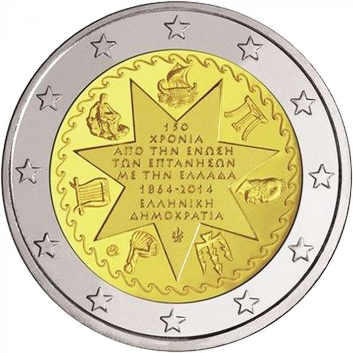 (009) Монета Греция 2014 год 2 евро &quot;Союз Греции и Ионических островов&quot;  Биметалл  UNC