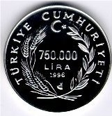 () Монета Турция 1998 год 750000  ""   Биметалл (Серебро - Ниобиум)  UNC