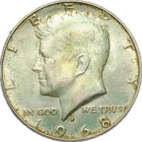 1968d Монета США 1968 год 50 центов 2. Серебро, 400 Кеннеди Серебро Ag 400  XF