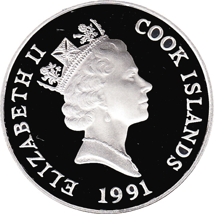 (1991) Монета Острова Кука 1991 год 5 долларов &quot;Первый человек на Луне&quot;  Серебро Ag 500  PROOF