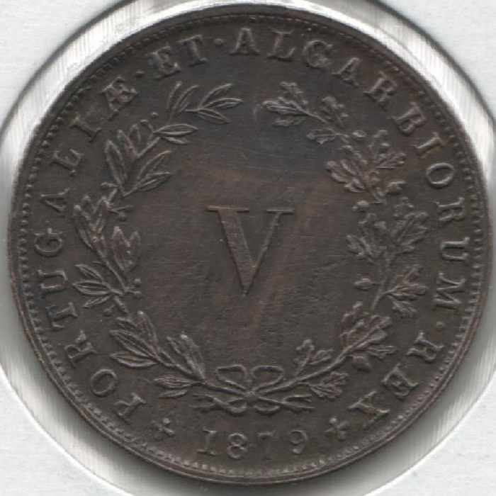 (1879) Монета Португалия 1879 год 5 риалов (рейсов) &quot;Луиш I&quot;  Бронза  XF