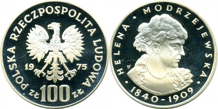 (1975) Монета Польша 1975 год 100 злотых &quot;Хелена Моджеевская&quot;  Серебро Ag 625  PROOF