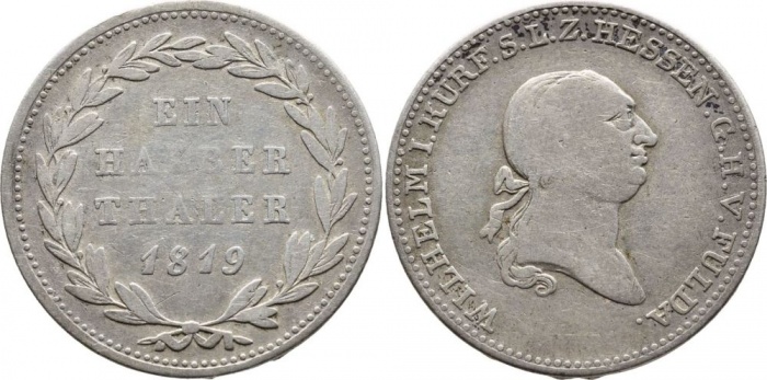 1819 Монета Германия (Гёссен-Кассель) 1819 год 1/2 талера Вильгельм I    VF