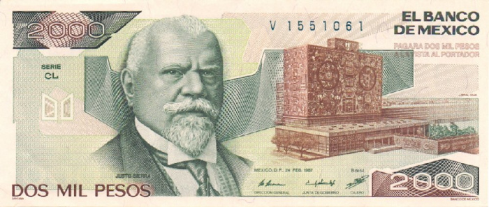 (1987) Банкнота Мексика 1987 год 2 000 песо &quot;Хусто Сьерра&quot;   UNC