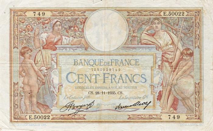 (№1935P-78c.8) Банкнота Франция 1935 год &quot;100 Francs&quot;