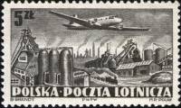 (1952-011) Марка Польша "Самолет II-12 над заводом" Перф греб 12¼:12½   Авиация (Стандартный выпуск)