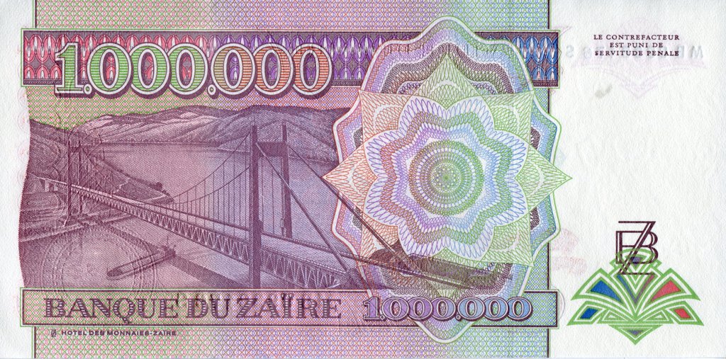 Банкнота Заир 1993 год 1&nbsp;000&nbsp;000 заиров Мобуту Сесе Секо   XF