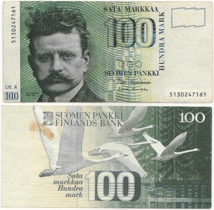(1986 Litt A) Банкнота Финляндия 1986 год 100 марок &quot;Ян Сибелиус&quot; Hamalainen - Koivikko  VF