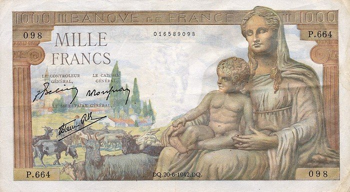 (№1942P-102a.2) Банкнота Франция 1942 год &quot;1,000 Francs&quot;