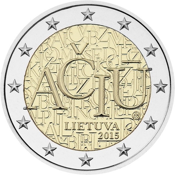 (002) Монета Литва 2015 год 2 евро &quot;Литовский язык - буквы алфавита&quot;  Биметалл  UNC