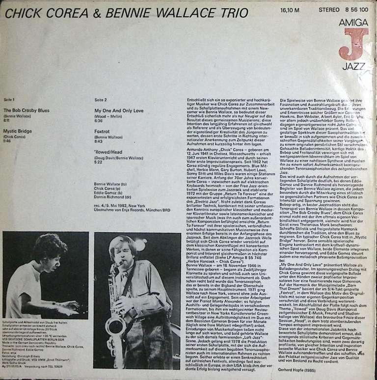 Пластинка виниловая &quot;Chick Corea and Bennie Wallace Trio. &quot; Amiga Jazz 300 мм. Very good