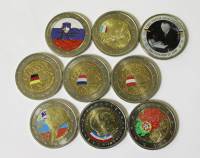Набор монет 2 Евро юбилейные, цветные, 9 монет (подробнее на фото)